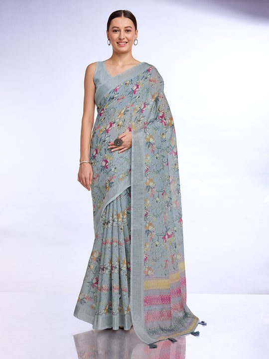 Grey Linen Blend Saree With Blouse Piece