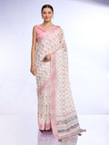 White Linen Blend Saree With Blouse Piece