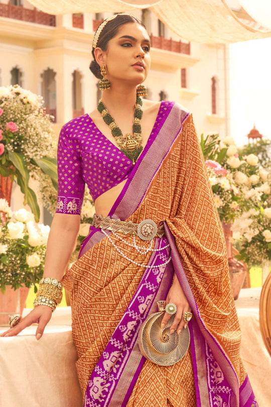 Orange & Purple Silk Saree With Blouse Piece