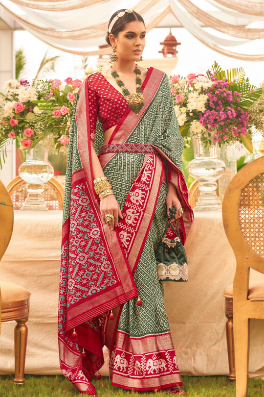 Light Green & Red Silk Saree With Blouse Piece