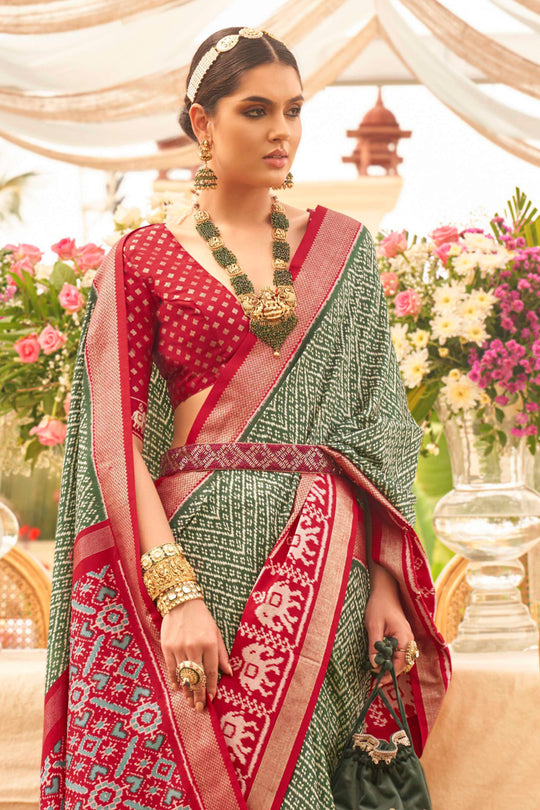 Light Green & Red Silk Saree With Blouse Piece