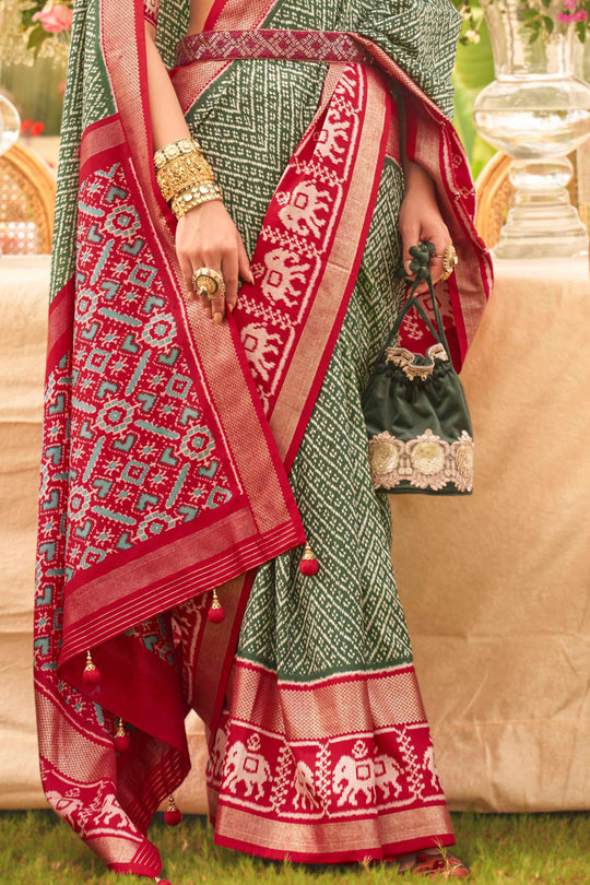 Light Green & Red Silk Saree With Blouse Piece