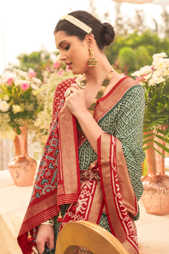 Light Green & Red Silk Saree With Blouse Piece