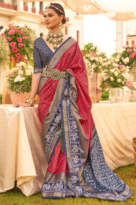 Crimson Red & Blue Silk Saree With Blouse Piece