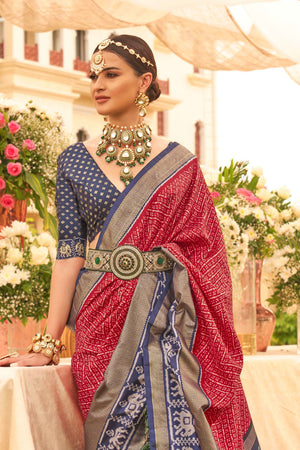 Crimson Red & Blue Silk Saree With Blouse Piece