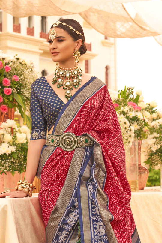 Crimson Red & Blue Silk Saree With Blouse Piece