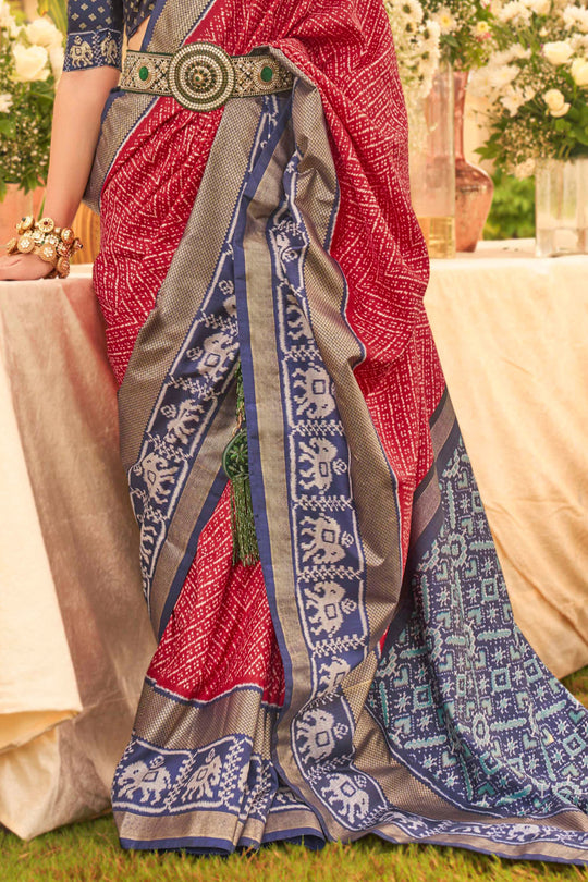 Crimson Red & Blue Silk Saree With Blouse Piece