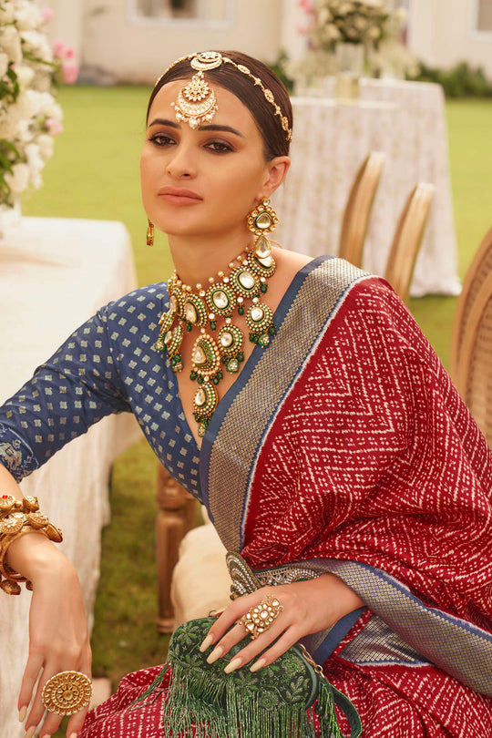 Crimson Red & Blue Silk Saree With Blouse Piece