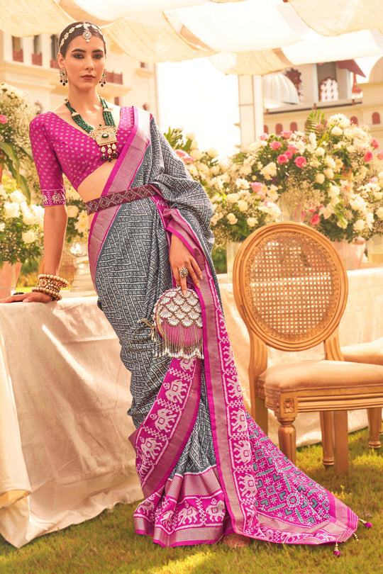 Grey & Magenta Silk Saree With Blouse Piece