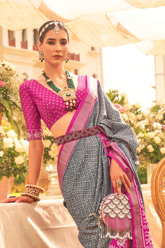 Grey & Magenta Silk Saree With Blouse Piece