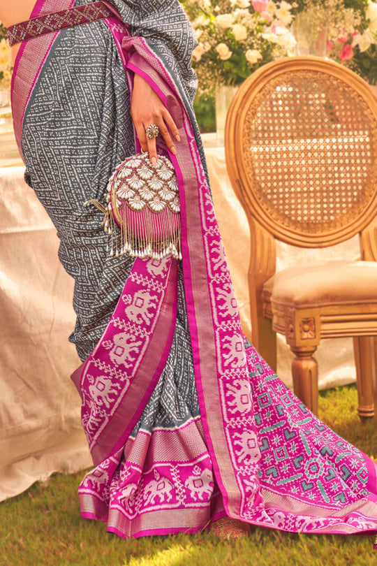 Grey & Magenta Silk Saree With Blouse Piece