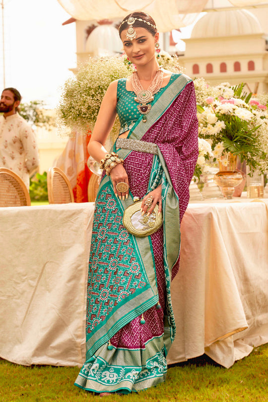 Burry Purple & Teal Green Silk Saree With Blouse Piece