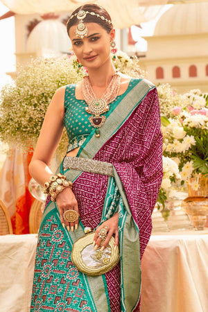 Burry Purple & Teal Green Silk Saree With Blouse Piece