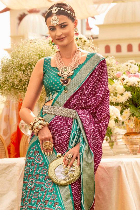 Burry Purple & Teal Green Silk Saree With Blouse Piece
