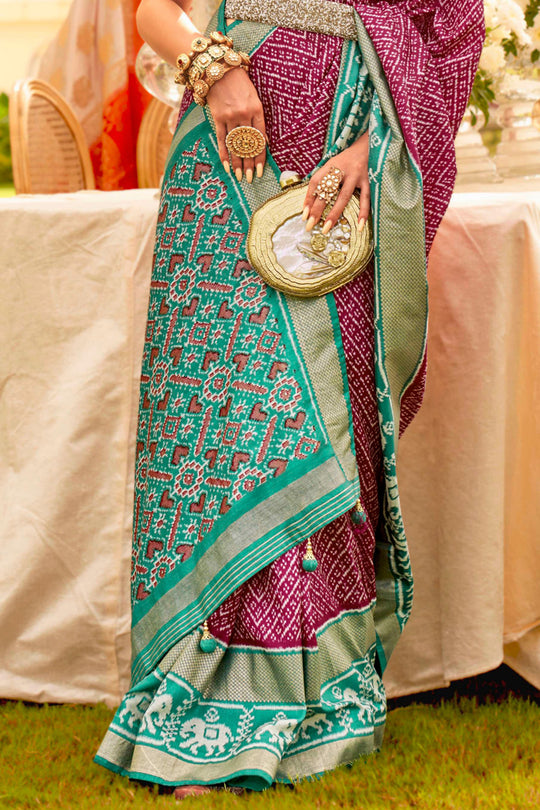 Burry Purple & Teal Green Silk Saree With Blouse Piece