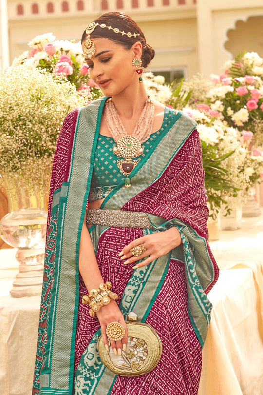 Burry Purple & Teal Green Silk Saree With Blouse Piece
