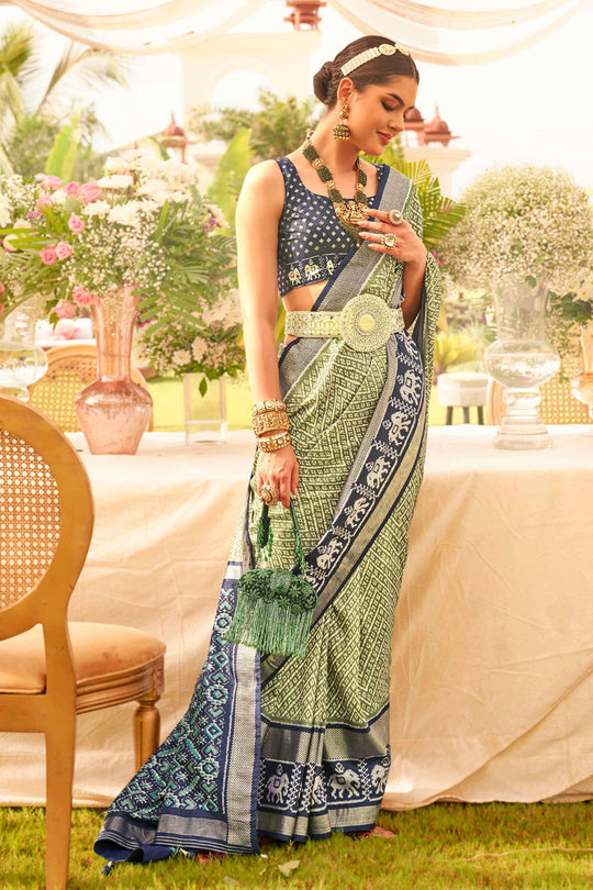 Moss Green & Blue Silk Saree With Blouse Piece