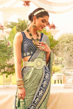 Moss Green & Blue Silk Saree With Blouse Piece