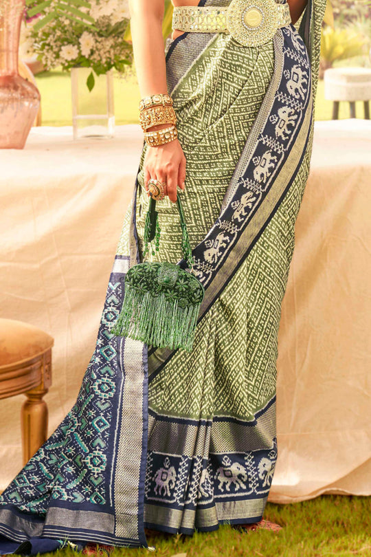 Moss Green & Blue Silk Saree With Blouse Piece