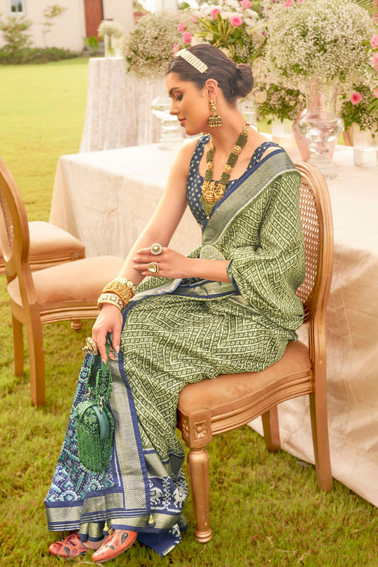 Moss Green & Blue Silk Saree With Blouse Piece