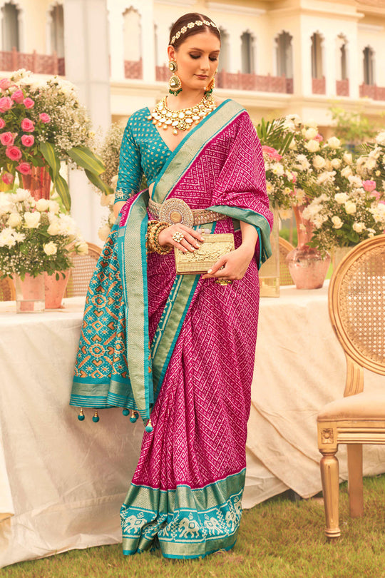 Burgundy & Blue Silk Saree With Blouse Piece