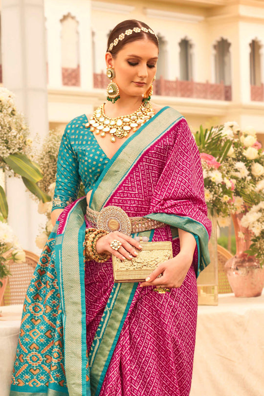 Burgundy & Blue Silk Saree With Blouse Piece