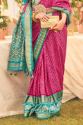 Burgundy & Blue Silk Saree With Blouse Piece