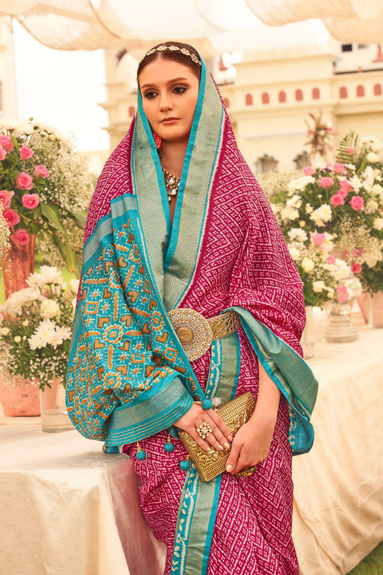 Burgundy & Blue Silk Saree With Blouse Piece