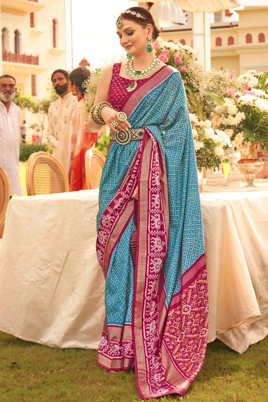 Aqua Blue & Red Silk Saree With Blouse Piece