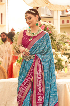 Aqua Blue & Red Silk Saree With Blouse Piece