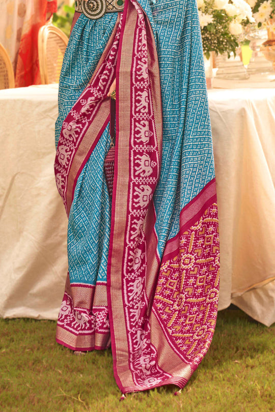 Aqua Blue & Red Silk Saree With Blouse Piece