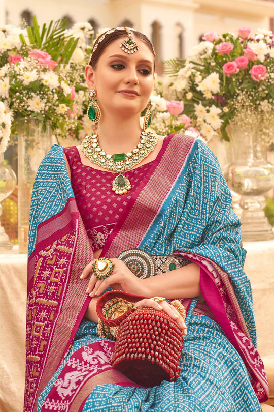Aqua Blue & Red Silk Saree With Blouse Piece