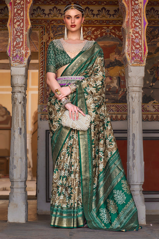 Karagiri William Green Printed Patola Silk Saree With Blouse Piece