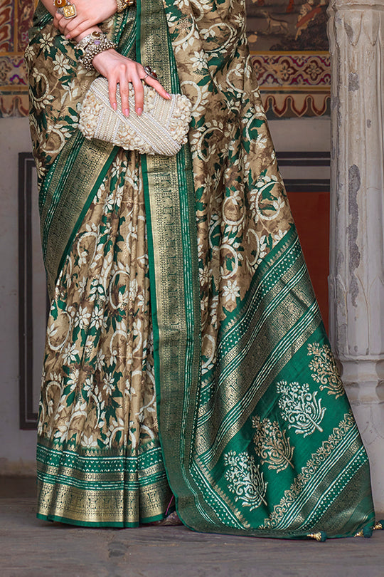 Karagiri William Green Printed Patola Silk Saree With Blouse Piece