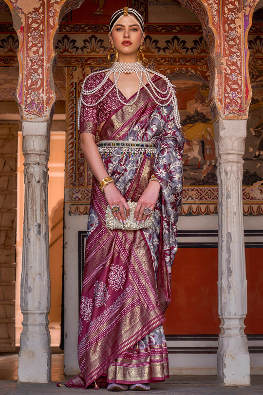 Karagiri Pewter Grey & Maroon Printed Patola Silk Saree With Blouse Piece
