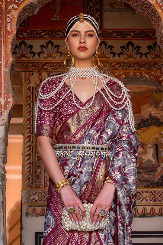 Karagiri Pewter Grey & Maroon Printed Patola Silk Saree With Blouse Piece