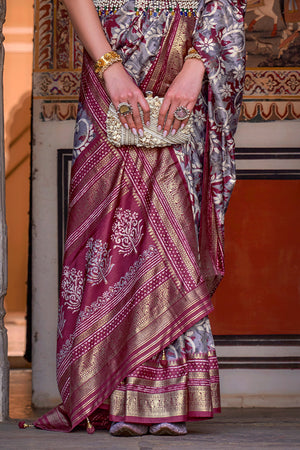 Karagiri Pewter Grey & Maroon Printed Patola Silk Saree With Blouse Piece