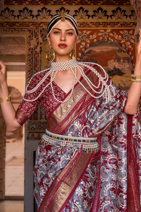 Karagiri Pewter Grey & Maroon Printed Patola Silk Saree With Blouse Piece