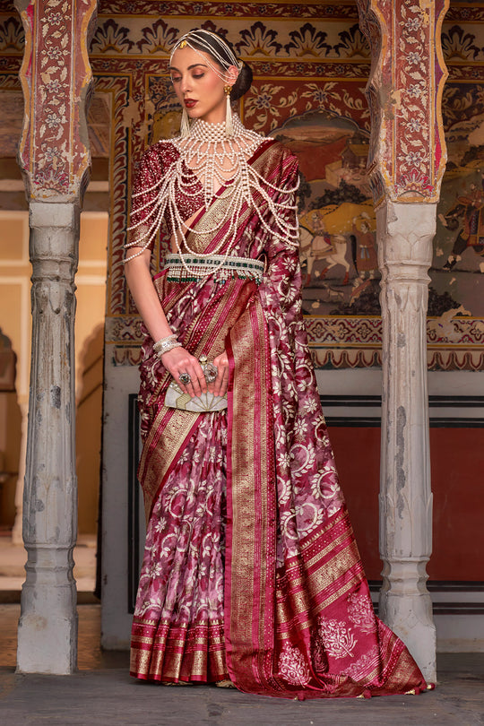 Karagiri Spice Maroon Printed Patola Silk Saree With Blouse Piece