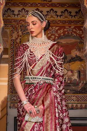 Karagiri Spice Maroon Printed Patola Silk Saree With Blouse Piece