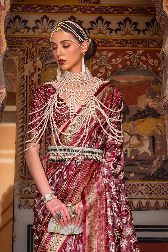 Karagiri Spice Maroon Printed Patola Silk Saree With Blouse Piece