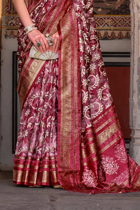 Karagiri Spice Maroon Printed Patola Silk Saree With Blouse Piece