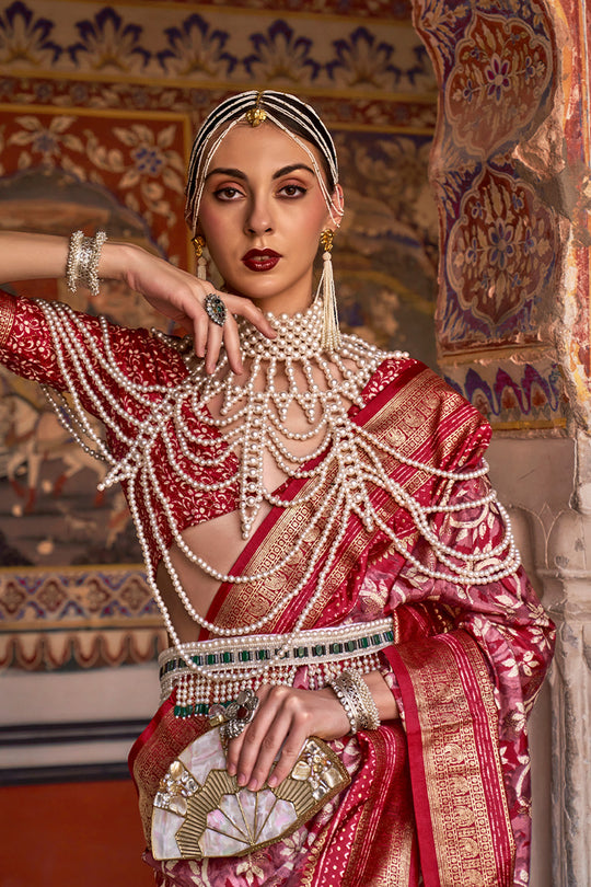 Karagiri Spice Maroon Printed Patola Silk Saree With Blouse Piece