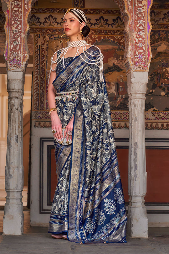 Karagiri Tuna Blue Printed Patola Silk Saree With Blouse Piece