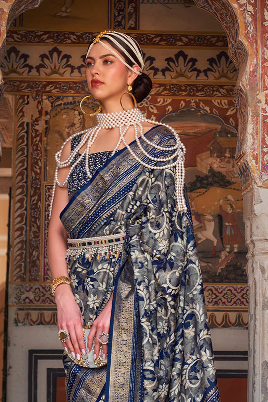 Karagiri Tuna Blue Printed Patola Silk Saree With Blouse Piece