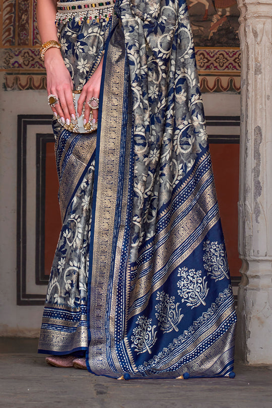Karagiri Tuna Blue Printed Patola Silk Saree With Blouse Piece