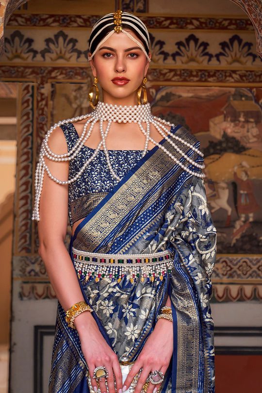 Karagiri Tuna Blue Printed Patola Silk Saree With Blouse Piece