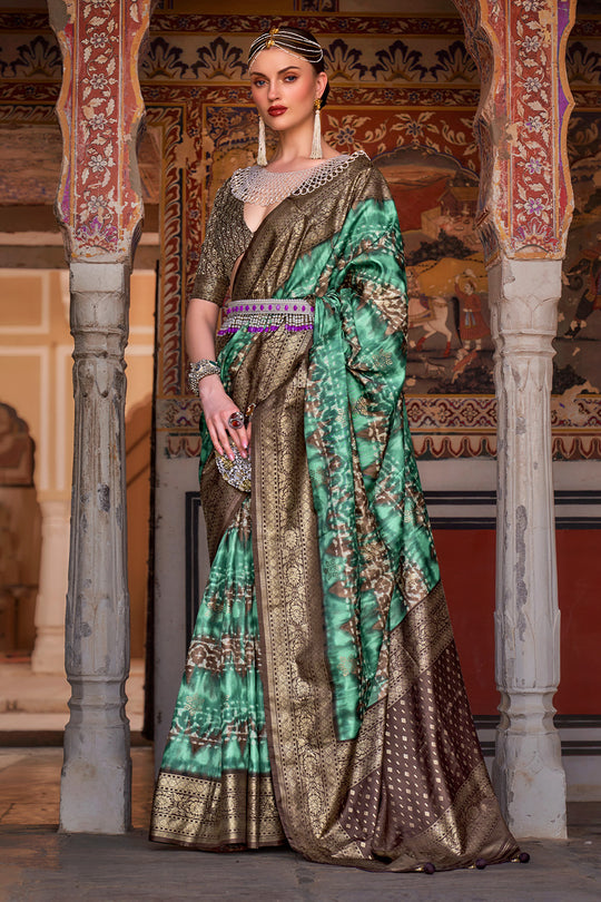 Karagiri Patina Green Printed Patola Silk Saree With Blouse Piece