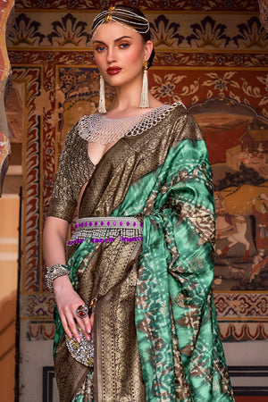Karagiri Patina Green Printed Patola Silk Saree With Blouse Piece