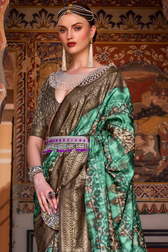 Karagiri Patina Green Printed Patola Silk Saree With Blouse Piece